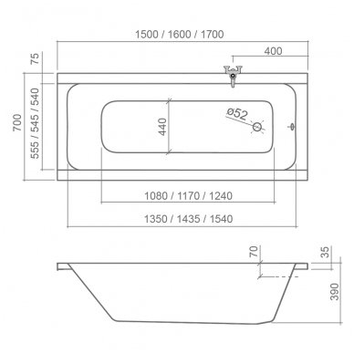 Roth stačiakampė vonia Classic PRO 1600x700 9050000 2