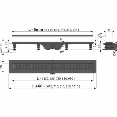 Alcadrain dušo latakas su grotelėmis 750mm APZ10BLACK 2