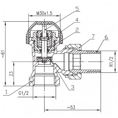 Armatura kampinis termostatinis ventilis radiatoriui 1/2" 752-160-07 2