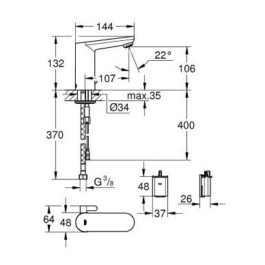Grohe sensorinis maišytuvas praustuvui su temperatūros reguliavimo rankenėle, 6V Eurosmart Cosmopolitan 2